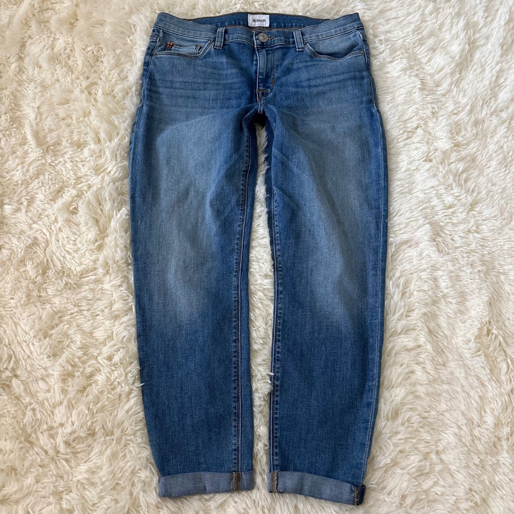Hudson Crop Harkin Super Skinny Cuffed Jeans Medium Wash Blue Denim Size 29